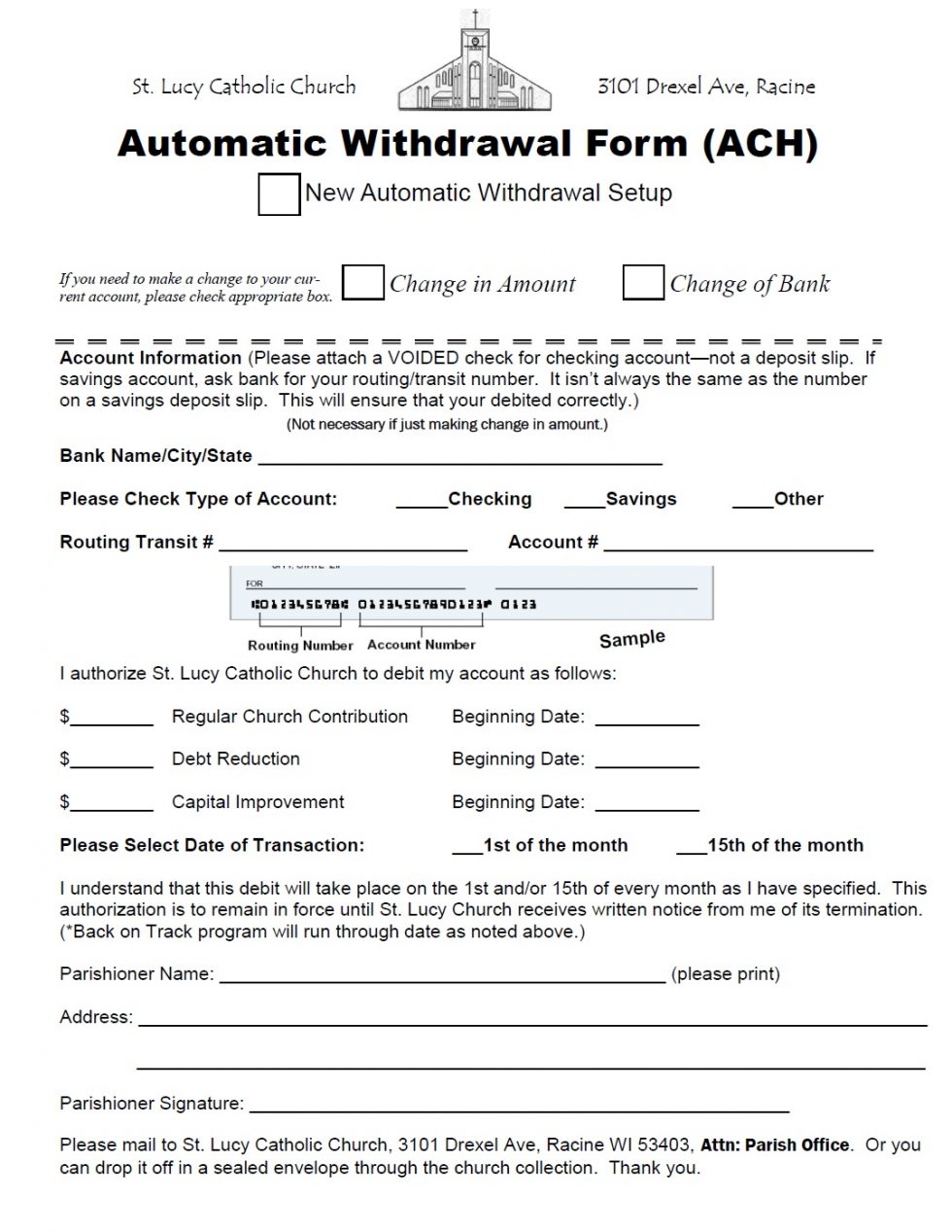 Automatic Withdrawal Forms Saint Lucy Catholic Church